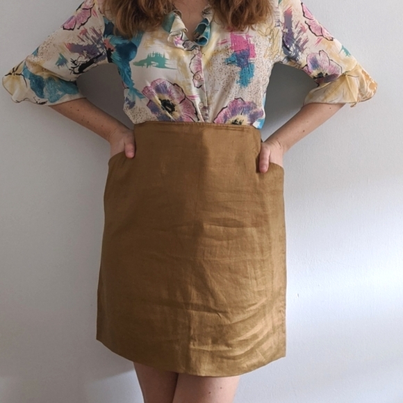 1990’s Minimalist Coffee Linen Skirt with Pockets - Picture 3 of 6
